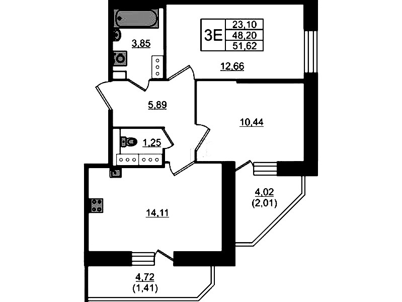 2-комнатная квартира 51.62 м², 16/23 эт., ЖК «Живи! В Рыбацком»